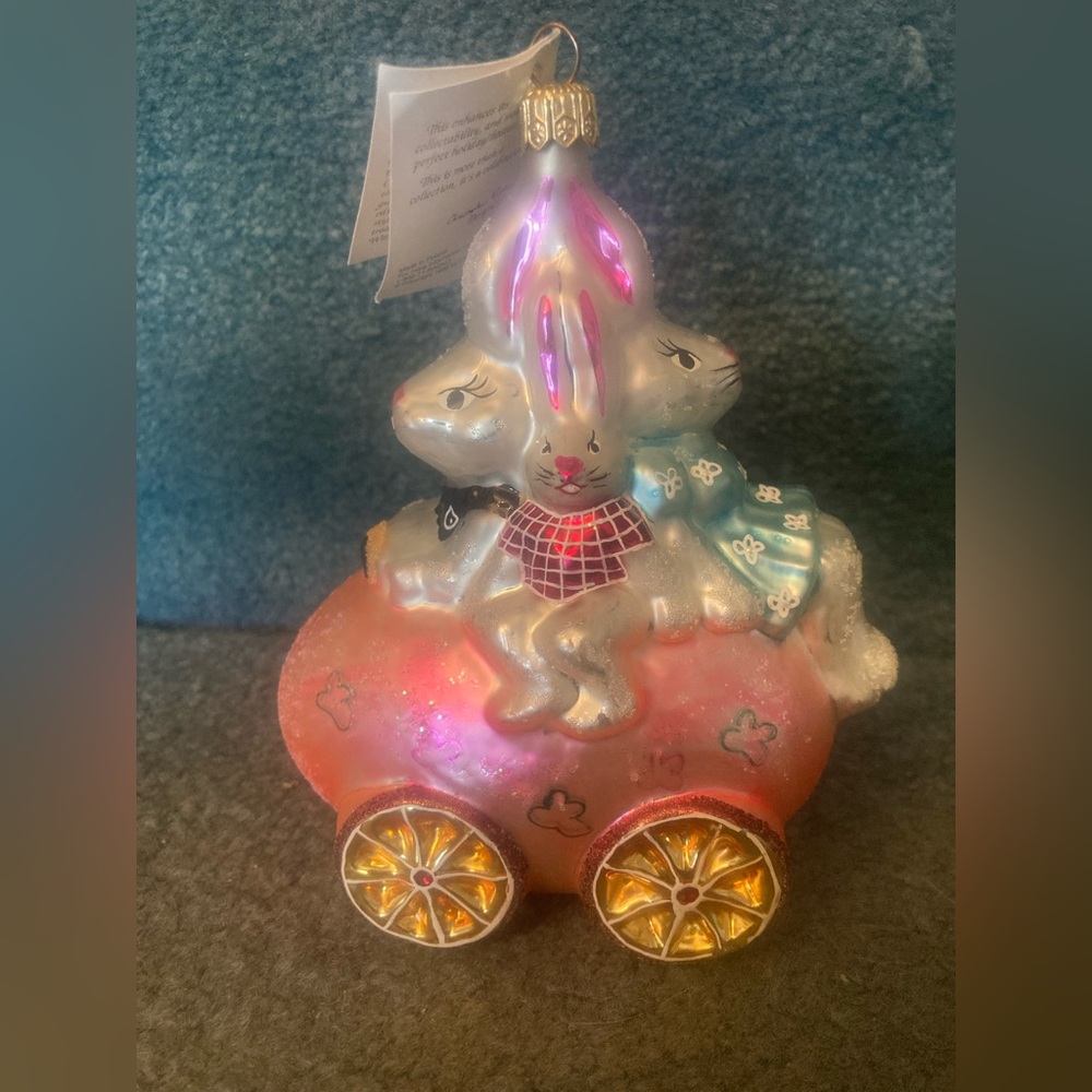 Vintage Christopher Radko BUNMOBILE Glass Ornament 1996 Bunnies on Egg Car ADORB